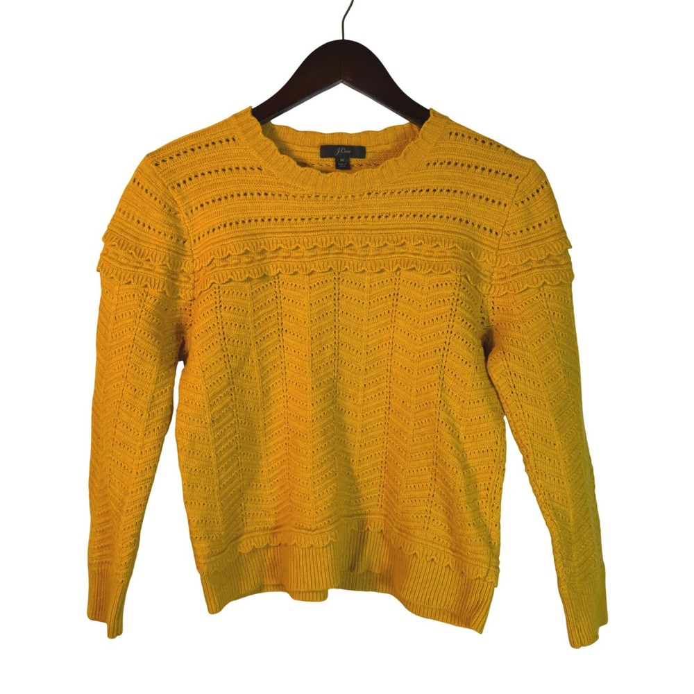 J.Crew Yellow Textured Knit Sweater Medium Wool Blend Chevron Stitch Scalloped
